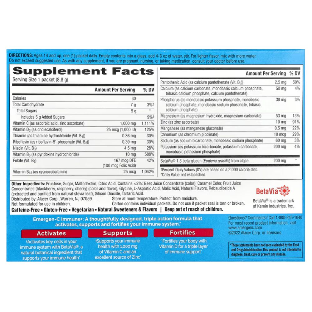 Vitamina C Emergen-C con Vitamina D & Zinc 1000mg Raspberry 30 Sobres
