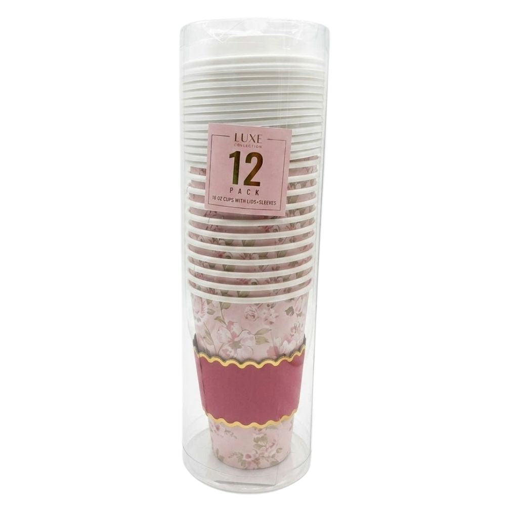 Luxe Collection Vasos Desechables Con Tapas y Fundas 12 Und De 473ml