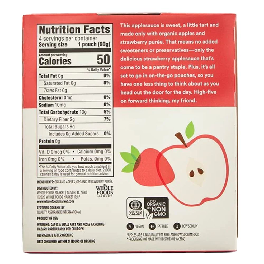 365 Whole Food Market Organic Strawberry Applesauce Unsweetened  4 Und