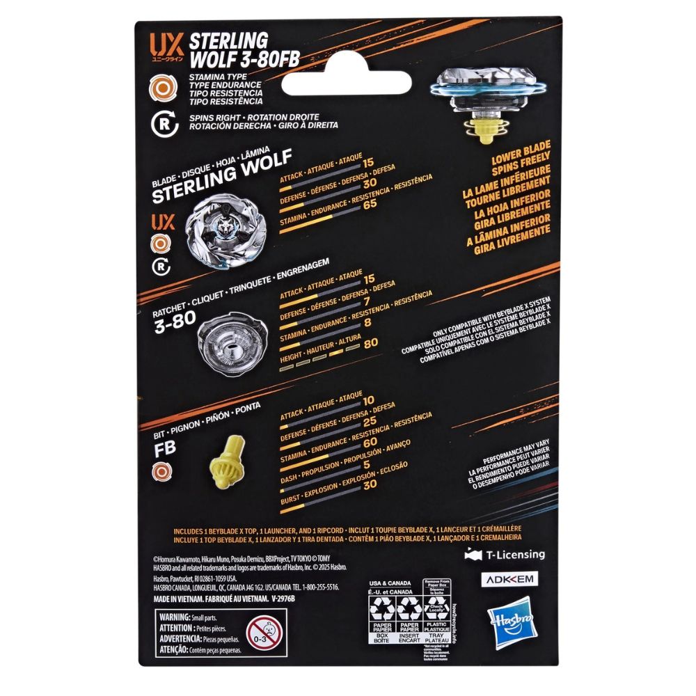 Beyblade X Sterling Wolf 3-80FB Juego Inicial con Lanzador y Top de Lucha Tipo Ataque 8+