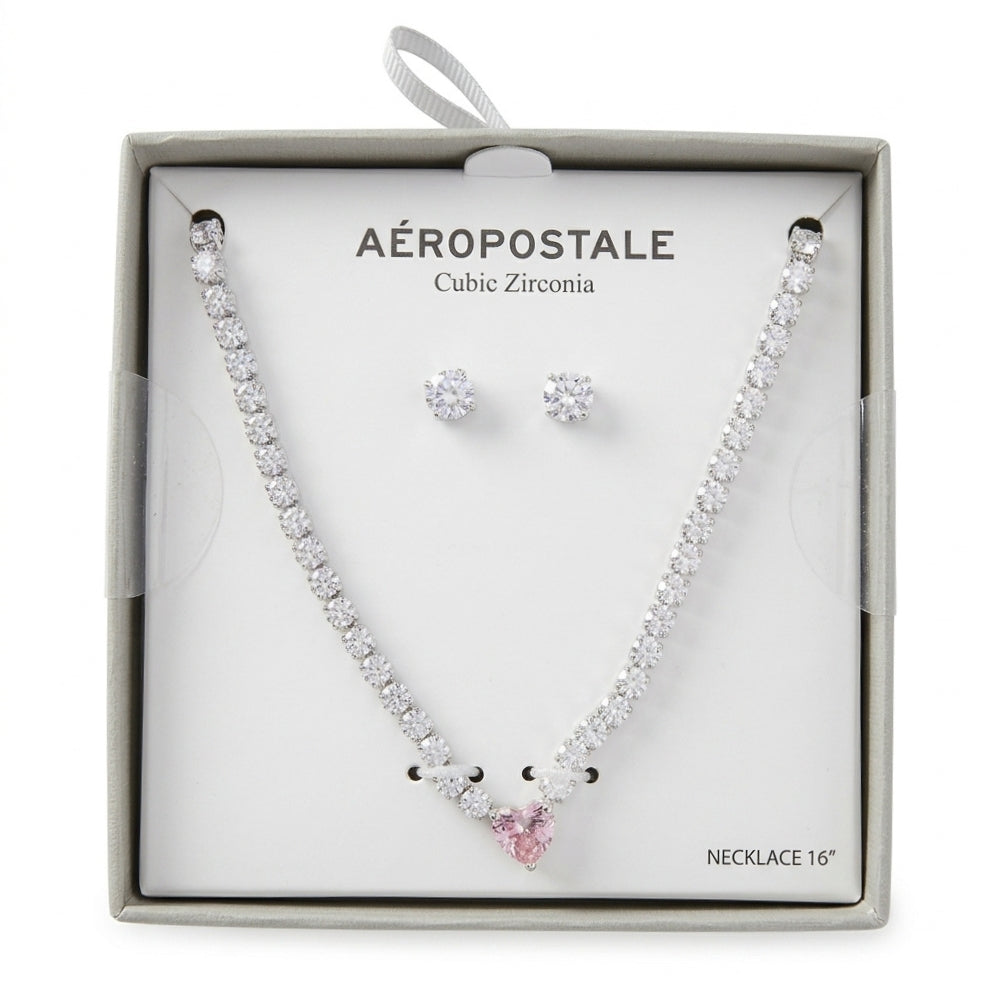 Aeropostale Set De Collar y Zarcillos Cubic Zirconia Heart