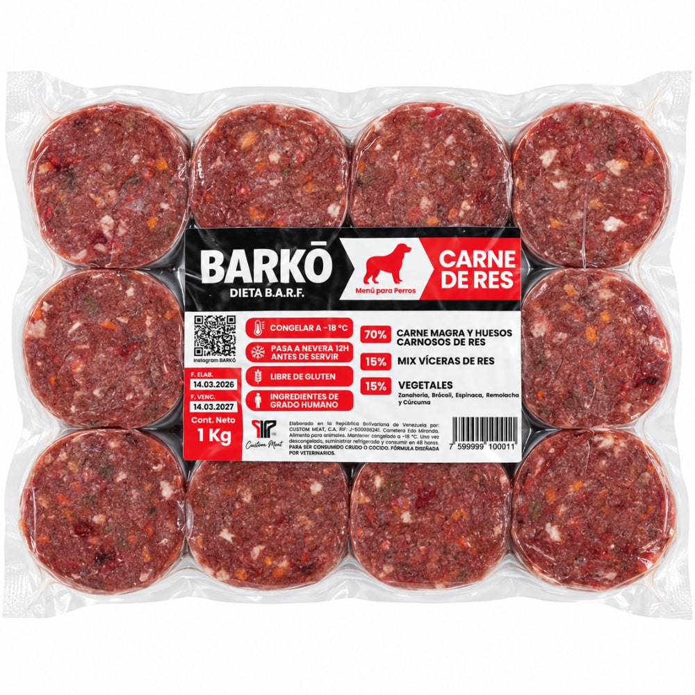 Barko Alimentacion Barf para Perros Sabor Carne de Res 12 Porciones de 85gr