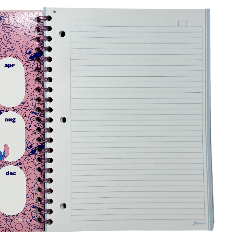 Norma Cuadero Argollada Stitch 4 Materias 100 Hojas Con stickers Diseños Surtidos