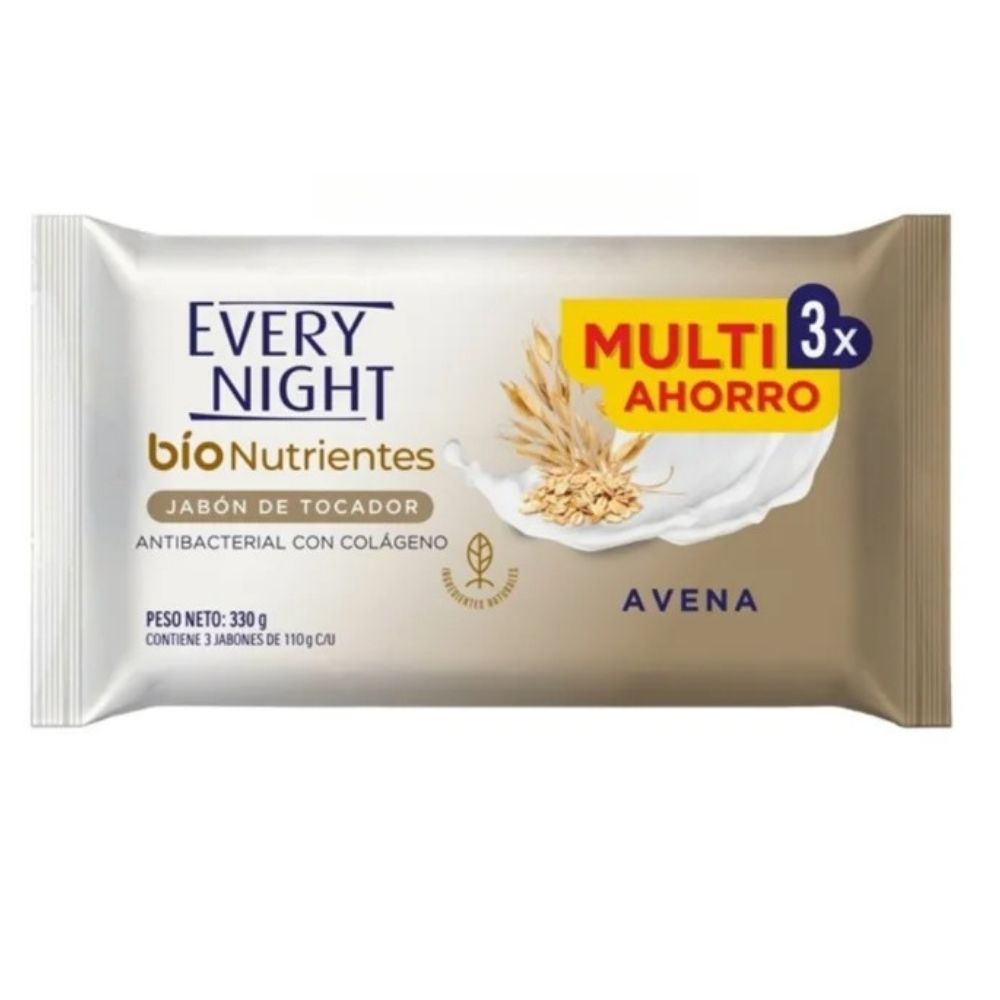 Every Night Jabón De Tocador Antibacterial Con Colágeno Avena Tripack 110gr C/U