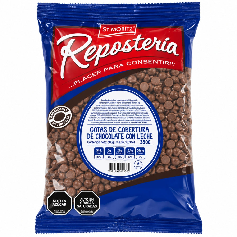 St. Moritz Reposteria Gotas de Cobertura de Chocolate de Leche Sin Azucar 3500 56% Cacao 500gr