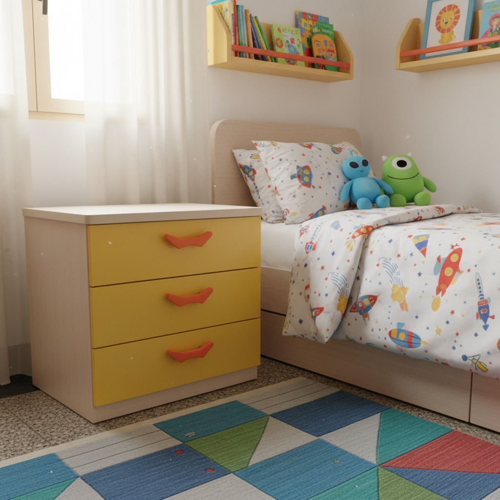 Mesa de Noche 3 Gavetas para Niños Color Birch y Amarillo