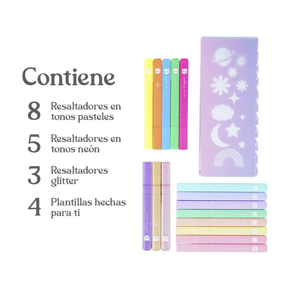 Kiut Kit De Resaltadores Pastel+Neón+Glit+Plantillas