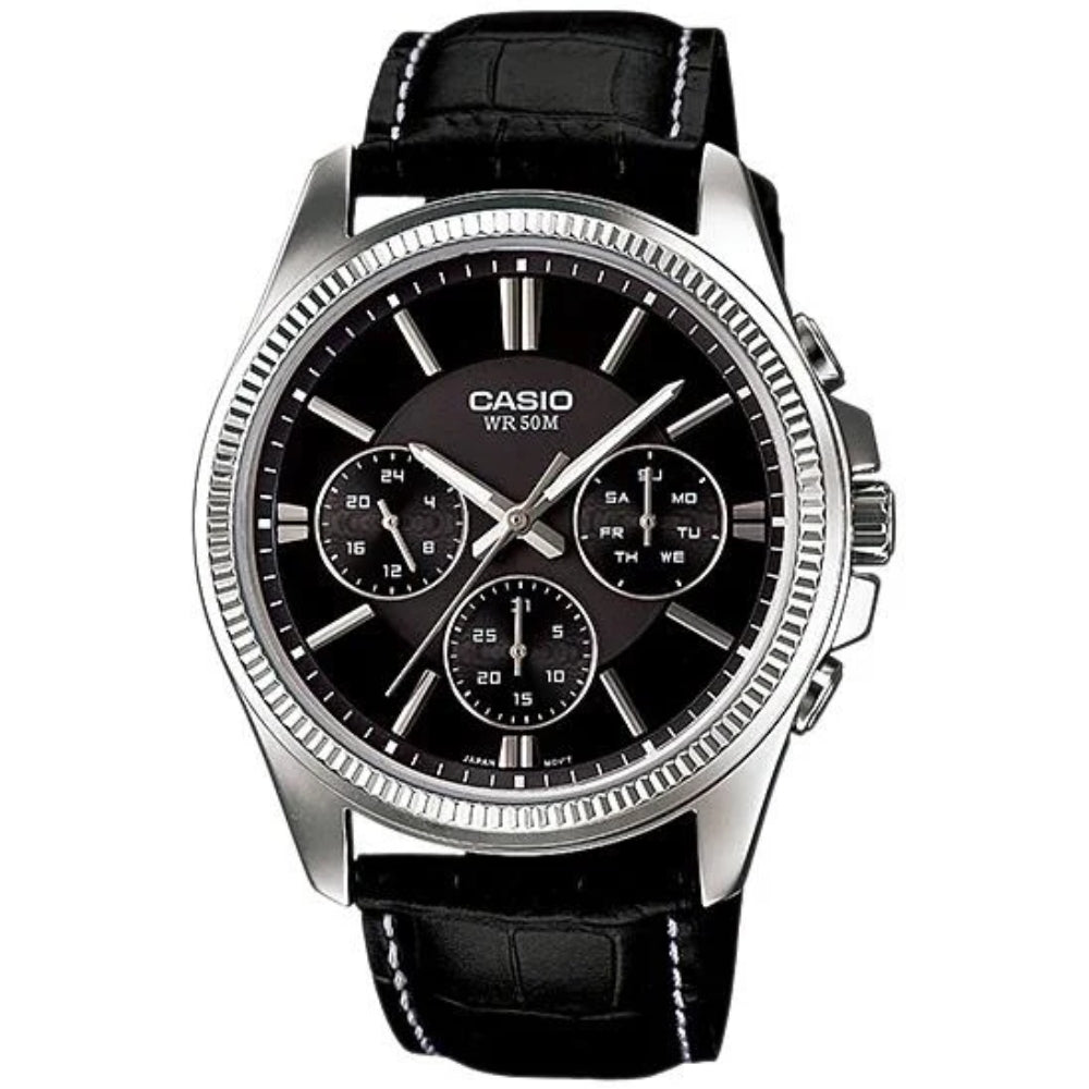 Casio Reloj Análogo Casual De Correa De Cuero Black Para Caballeros
