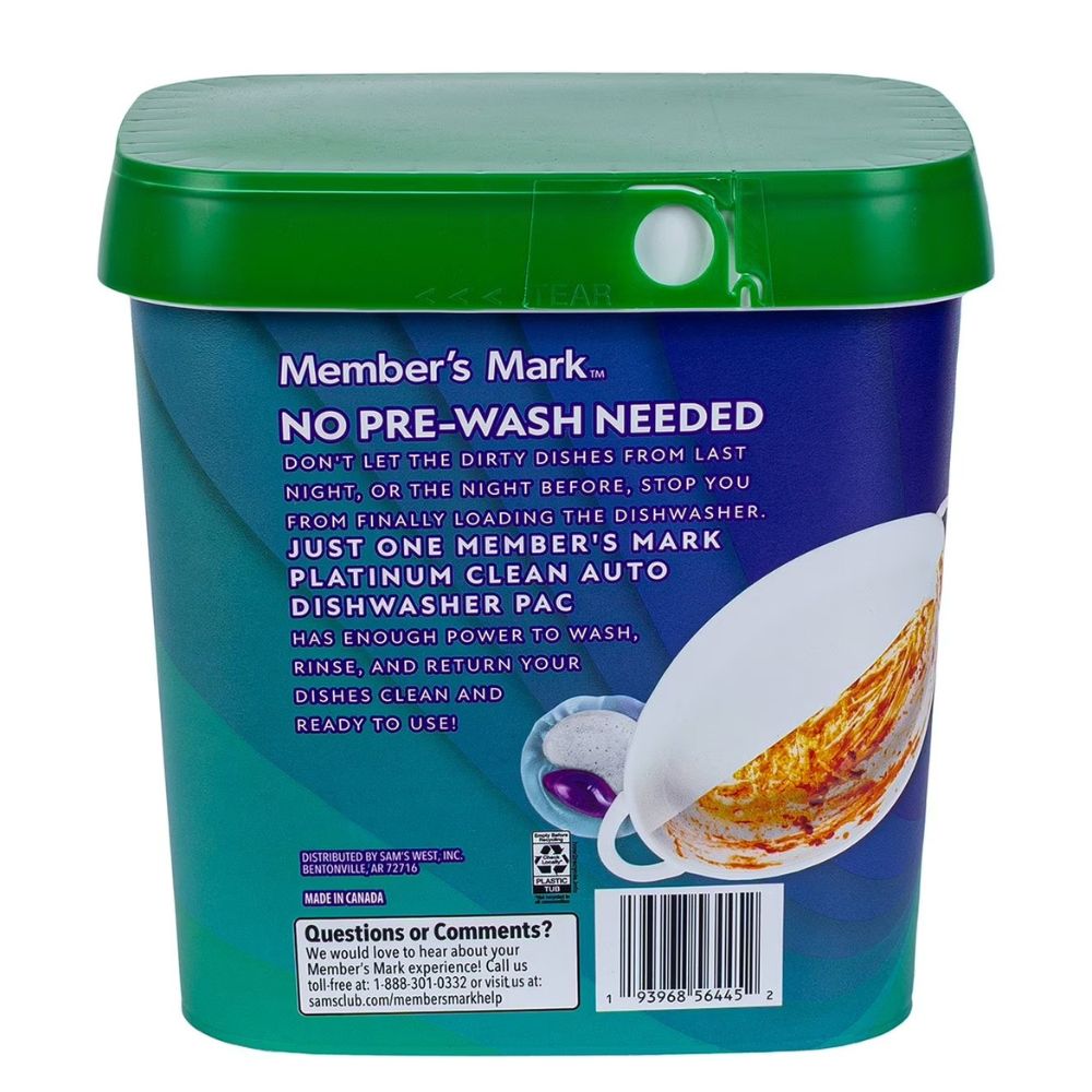 Member's Mark Auto Dishwasher Pacs Platinum Clean Fresh Clean Scent 110 Pack 1.76Kg