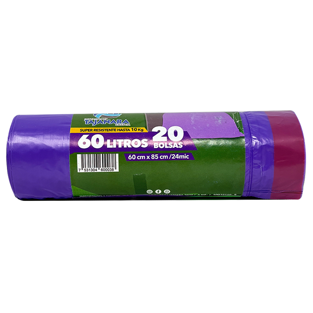 Rollo de 10 Bolsas para Basura con Cinta de Amarre de 60 Litros Color Morado con Aroma Lavanda