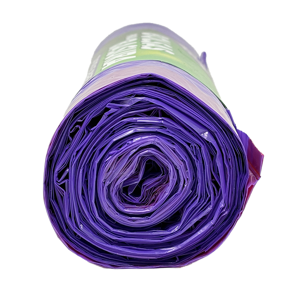 Rollo de 10 Bolsas para Basura con Cinta de Amarre de 60 Litros Color Morado con Aroma Lavanda
