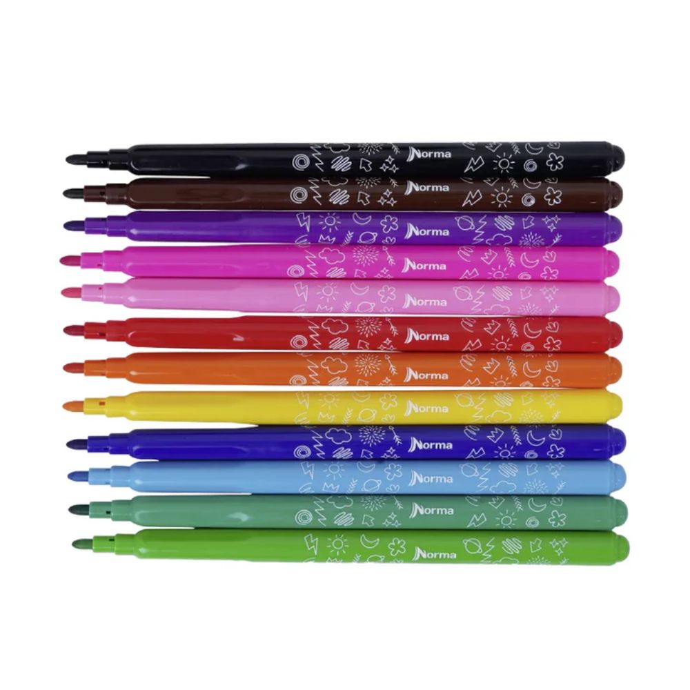Norma Marcadores Plumones Punta Bala Lavables 12 Und