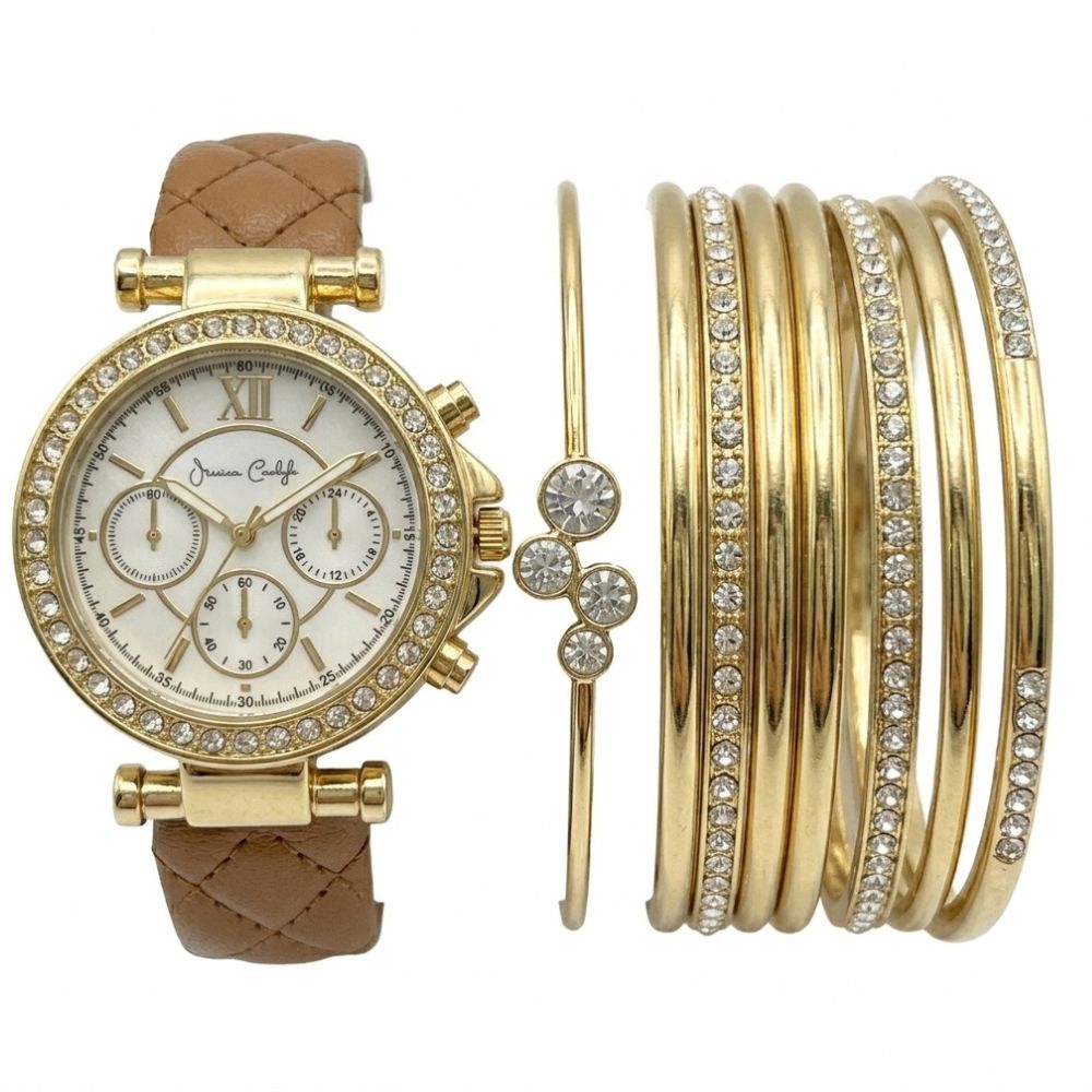 Jessica Carlyle Set De Reloj y Pulseras Gold Correa De Cuero Brown