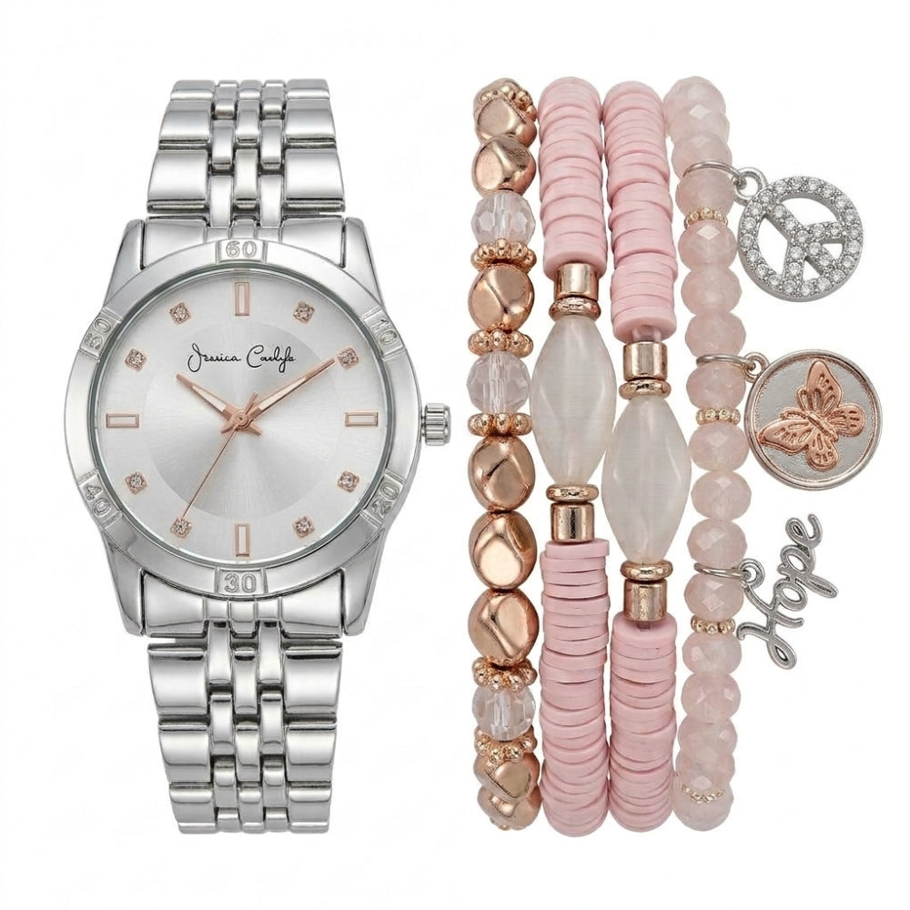 Jessica Carlyle Set De Reloj y Pulseras Pink Correa De Acero Silver