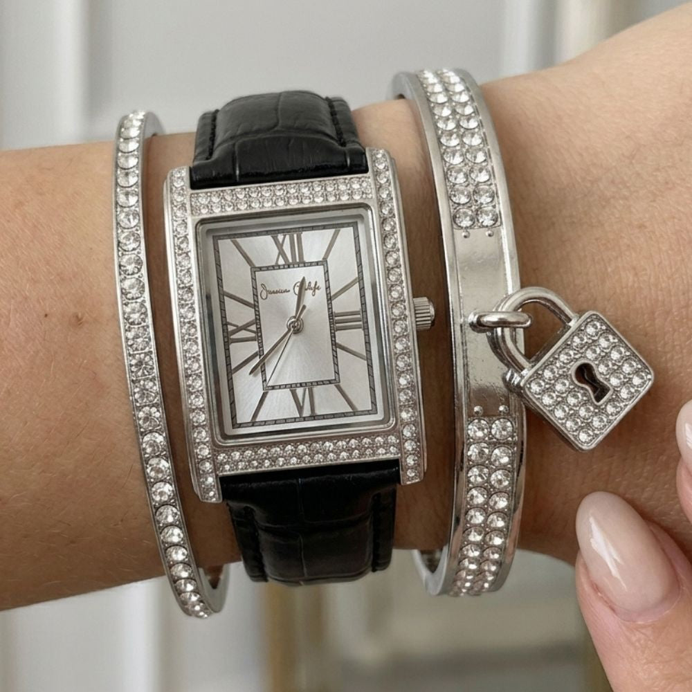 Jessica Carlyle Set De Reloj y Pulseras Silver Correa De Cuero Black