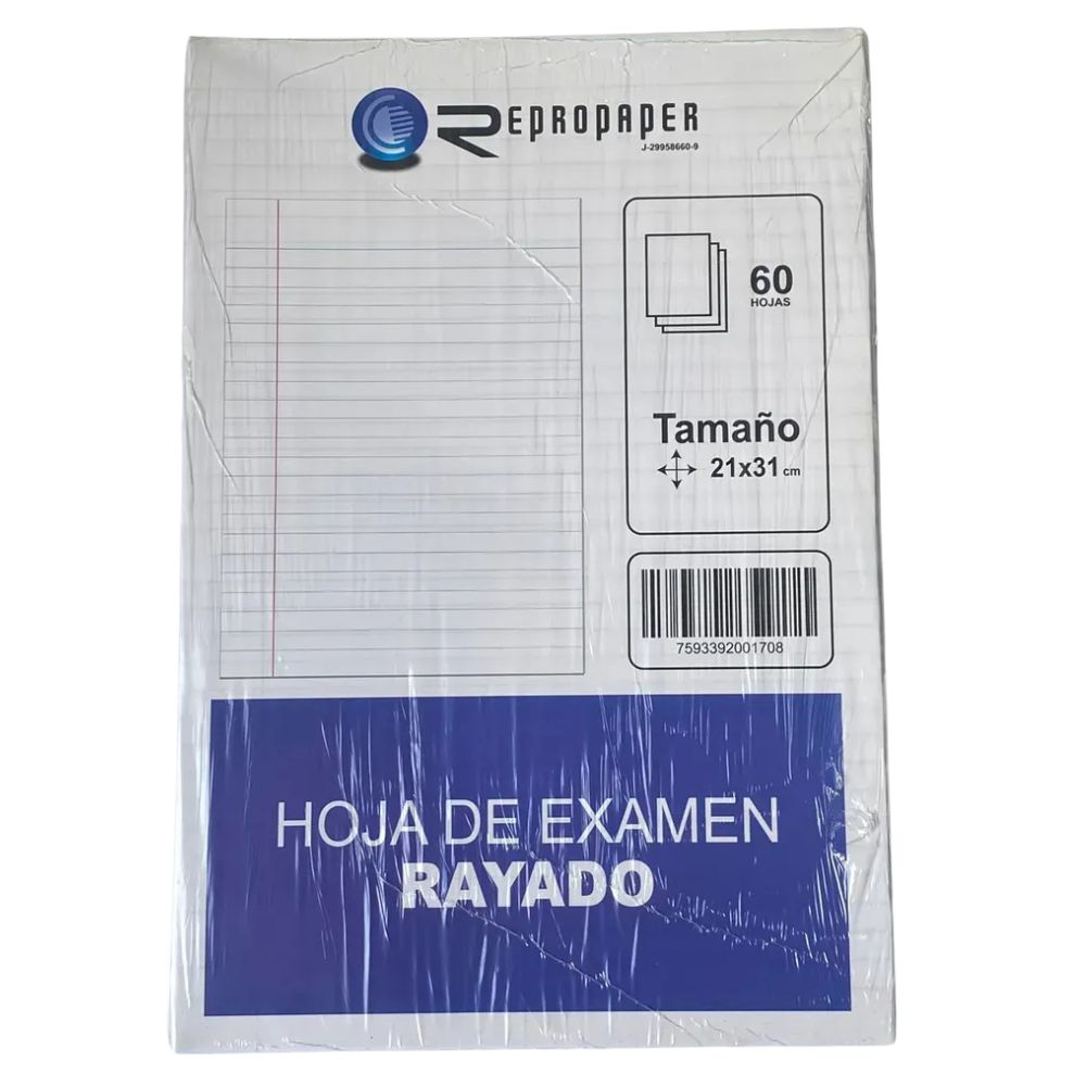 Hojas De Examen o Folio Rayado 60 Hojas  21 x 31cm Repropaper