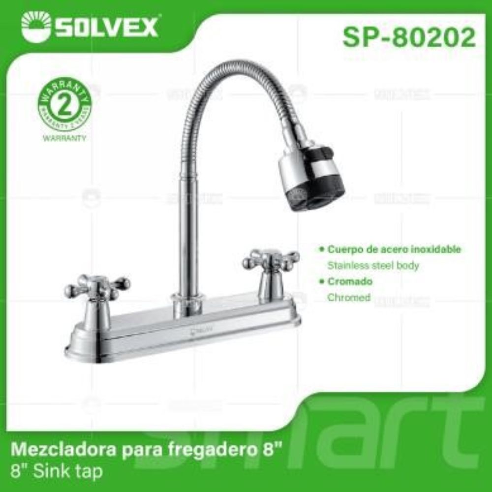 Solvex Smart Grifo Cromado Para Fregadero De Acero Inoxidable Cuello Flexible De 8" 2 Funciones