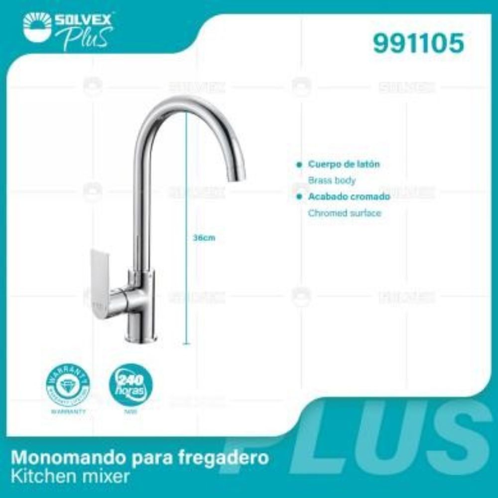 Solvex Plus Grifería Cromada Monomando Cuello Cisne Para Fregadero 36cm