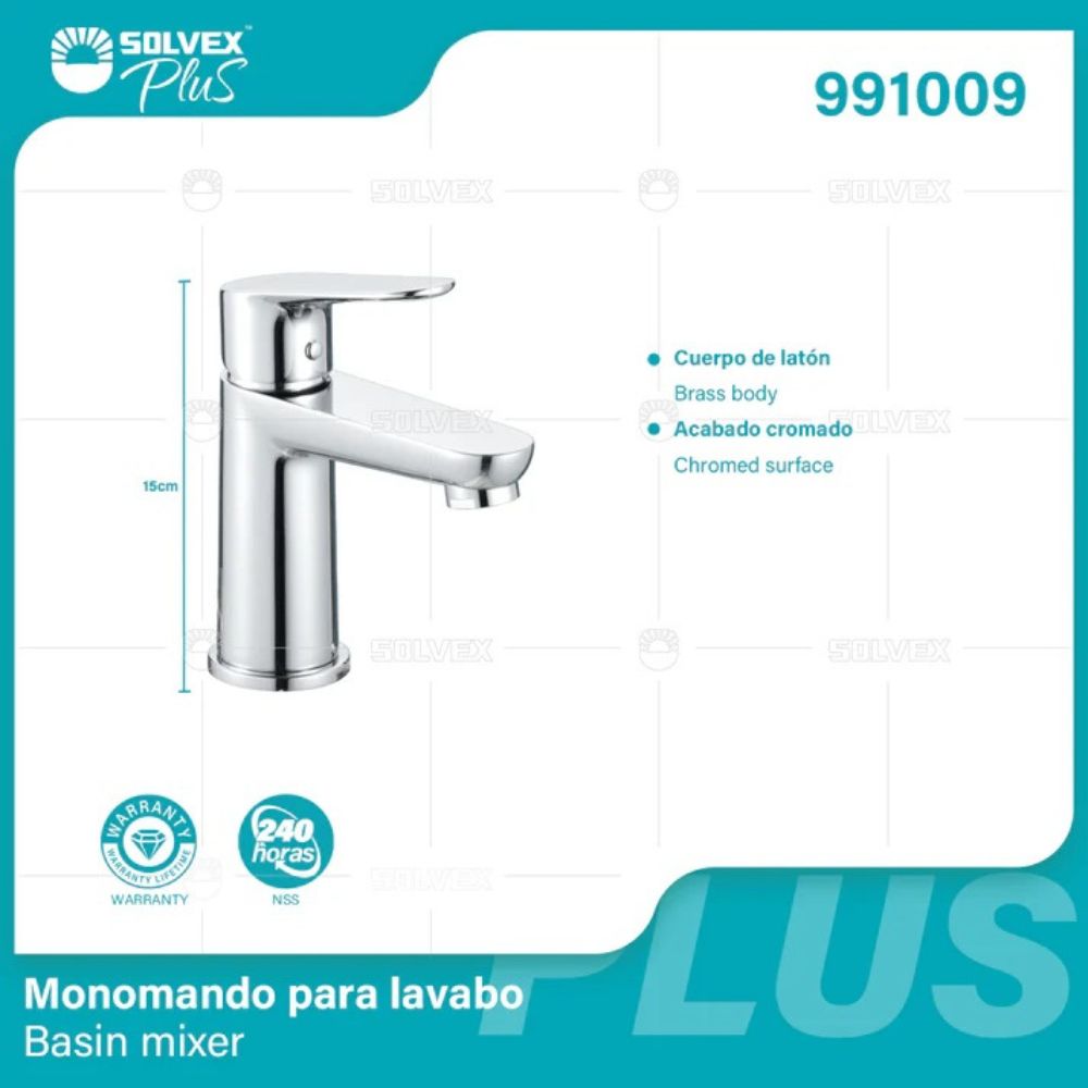 Solvex Plus Grifería Cromada Monomando Para Lavamanos 15cm