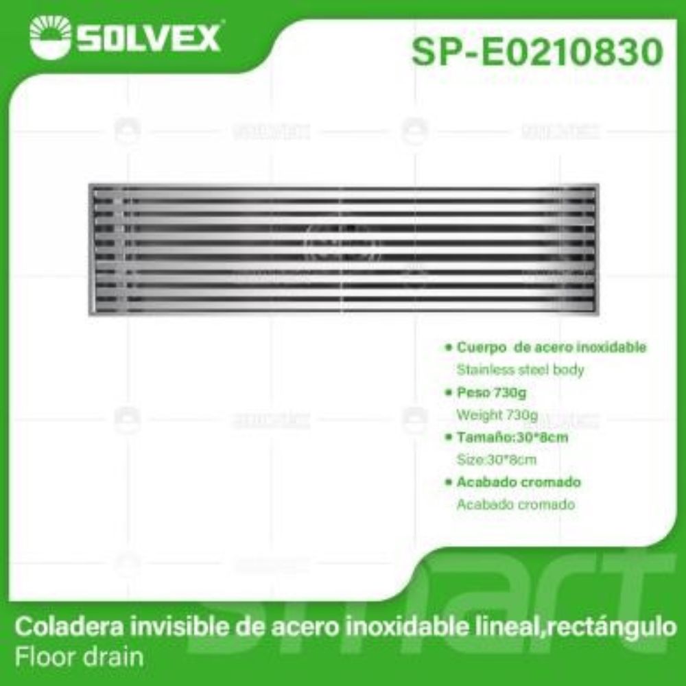 Solvex Smart Desagüe Cromado Para Piso En Acero Inoxidable Antiolor Rectangular De 8x30cm