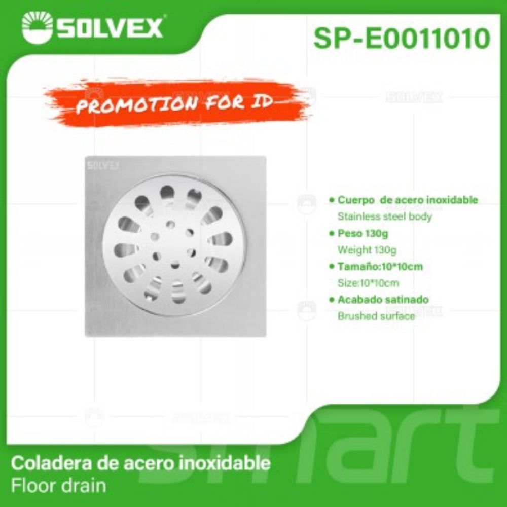Solvex Smart Desagüe Satinado Para Piso En Acero Inoxidable Rejilla Redonda Sobre Base Cuadrada De 10x10cm