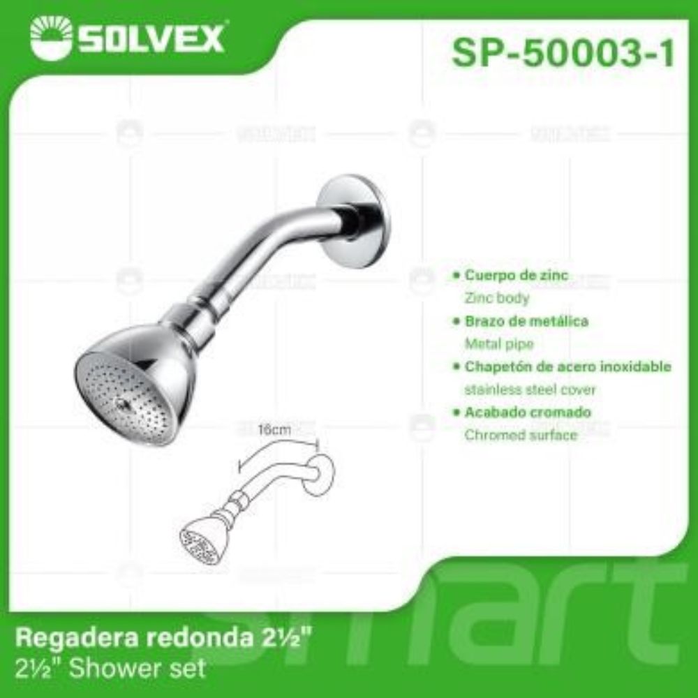 Solvex Juego De Ducha Cromada De Zinc Cabezal Redondo 2½" Con Flujo Ajustable Brazo De Metal 16cm