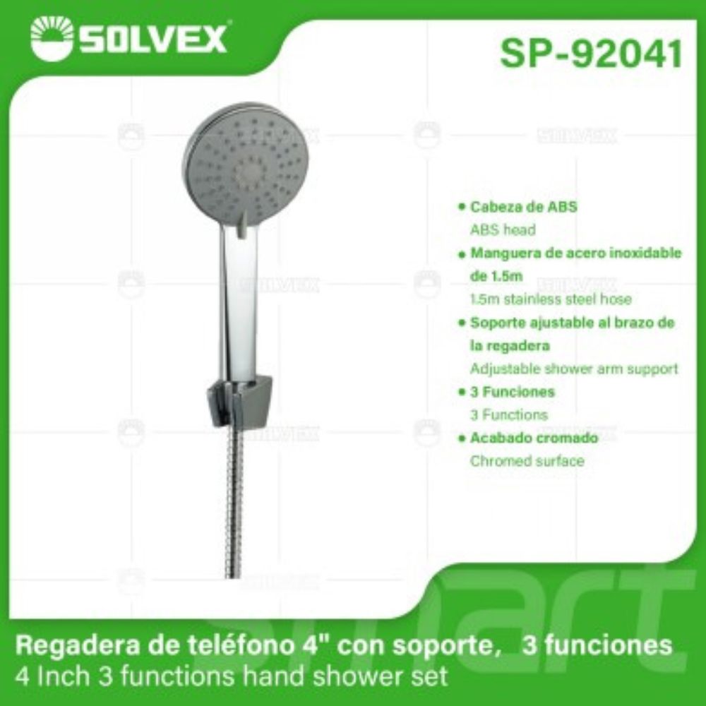 Solvex Smart Ducha Teléfono Cromada Con Soporte Ajustable De 4" 3 Funciones Manguera De 1,5m