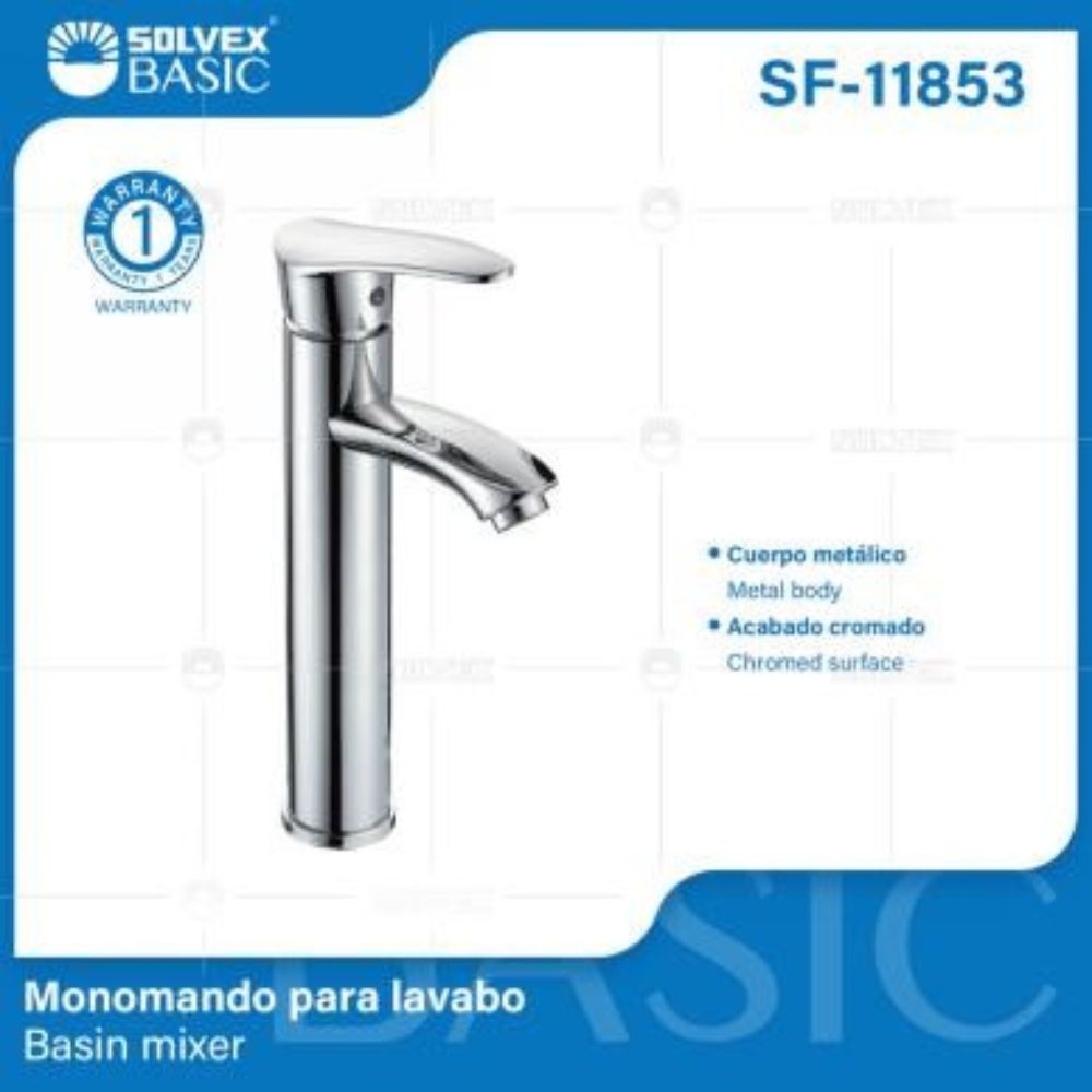 Solvex Basic Grifería Cromada Monomando Metálica Para Lavamanos Mango De Plástico 29cm