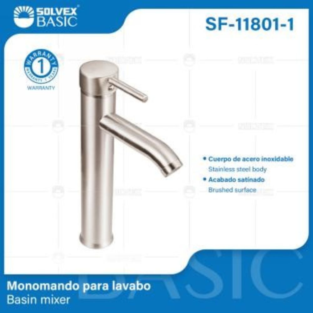 Solvex Basic Grifería Satinada Monomando De Acero Inoxidable Para Lavamanos Mango Tipo Palanca De Zinc 29Cm