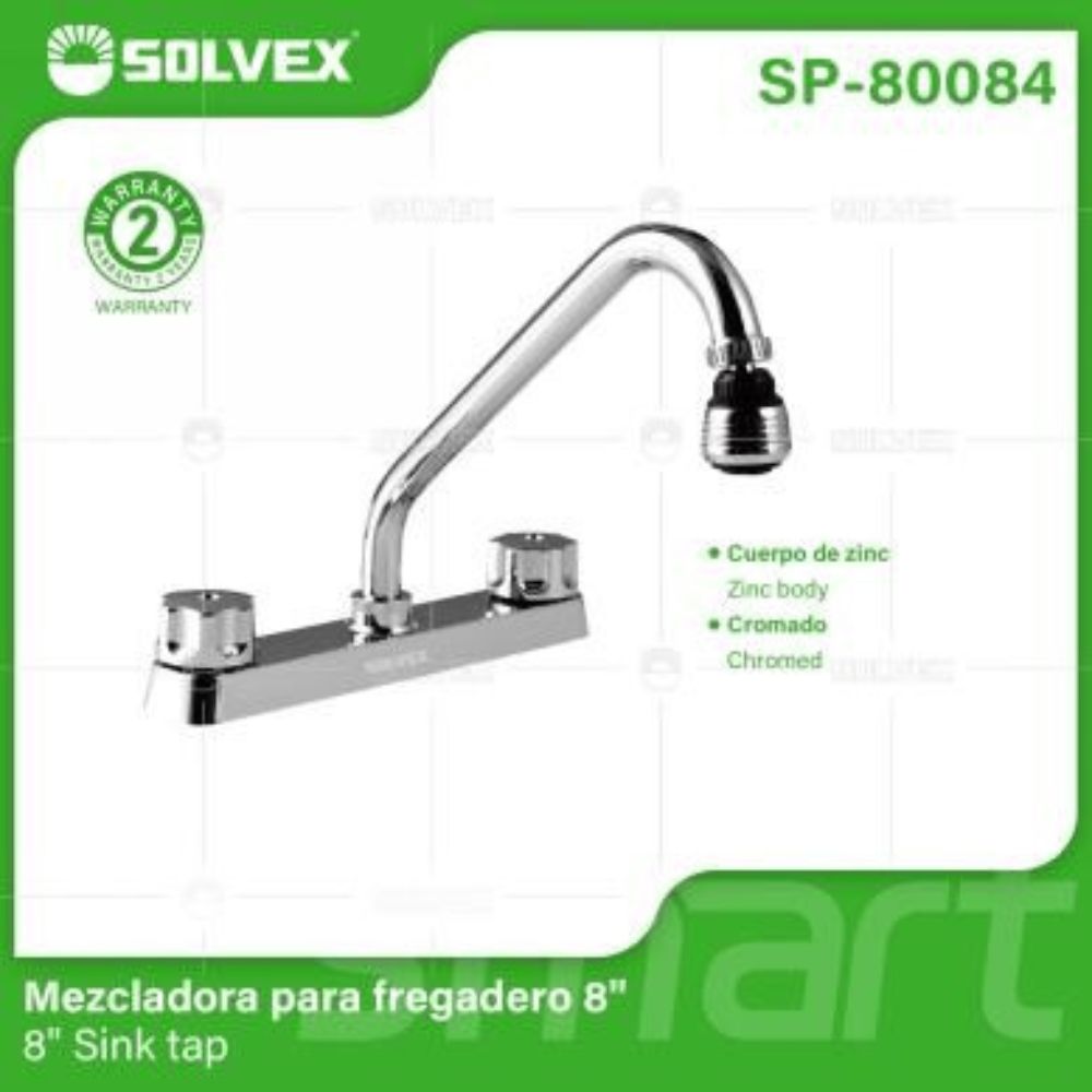 Solvex Smart Grifo Cromado Para Fregadero De Zinc De 8" Cuello Alto Giratorio 360° Manijas Ergonómicas Giro Completo De Plástico