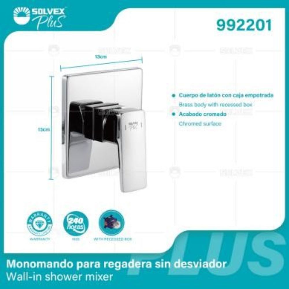 Solvex Plus Grifería Cromada Monomando Cuadrada Sin Desviador Para Ducha De Pared De 13x13cm