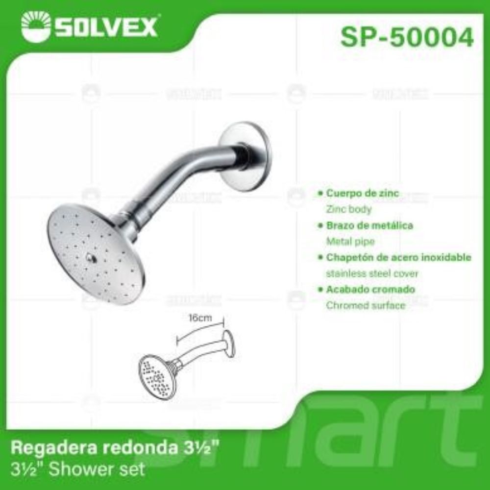 Solvex Juego De Ducha Cromada De Zinc Cabezal Redondo 3½" Con Flujo Ajustable Brazo De Metal 16cm