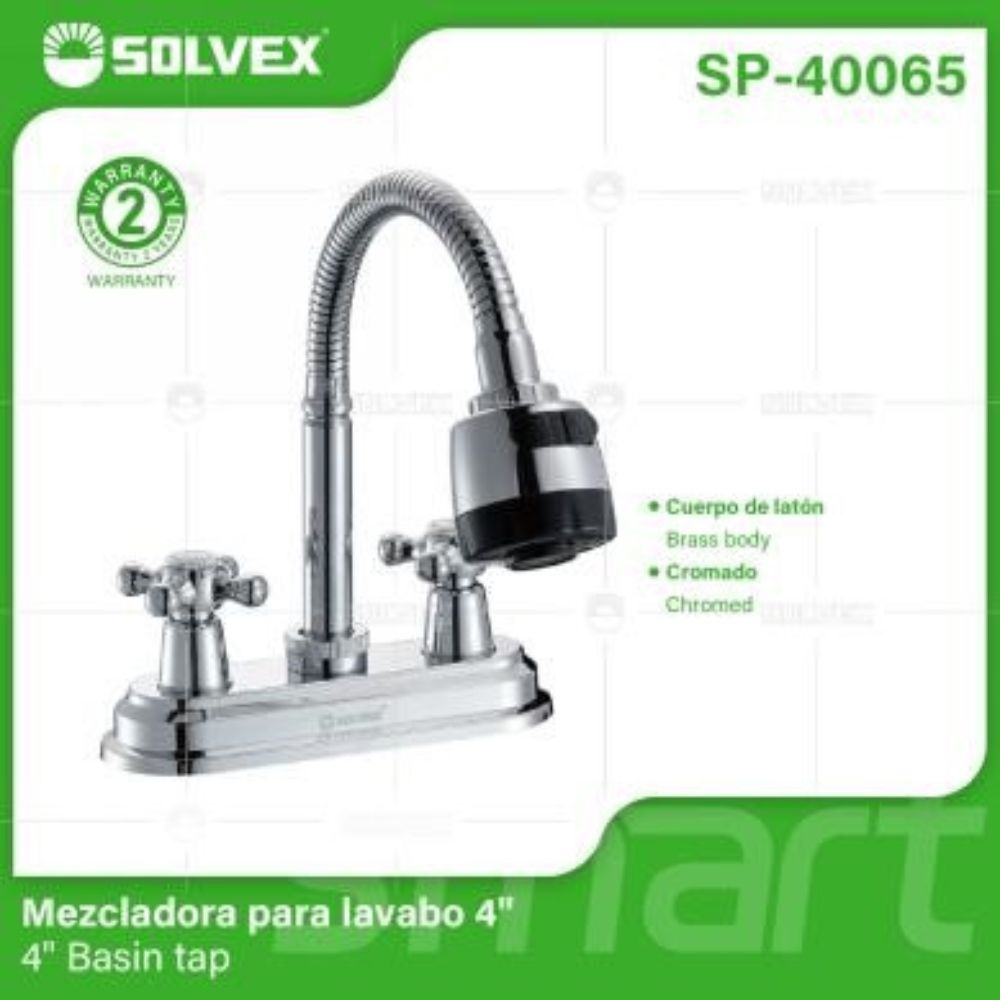 Solvex Grifo Cromado Para Lavamanos 2 funciones De 4" Manijas Cruz Giro Completo De Plástico