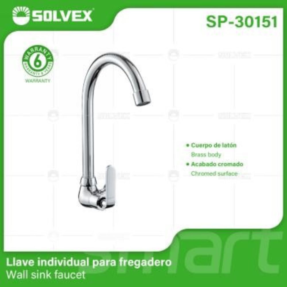 Solvex Smart Llave Cromada Individual Para Lavamanos De Pared Cuello Cisne Alto