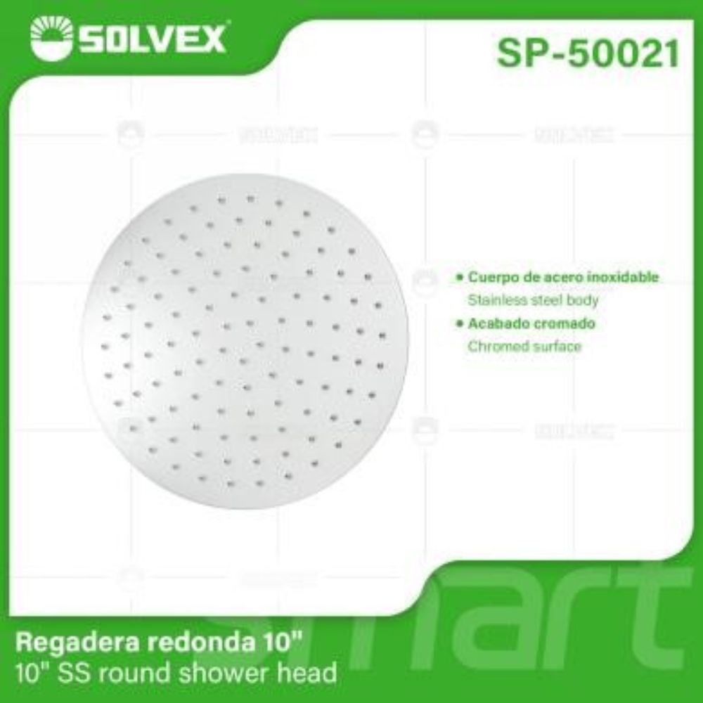 Solvex Regadera Cromada De Acero Inoxidable Redonda 10"(No incluye brazo ni roseta)