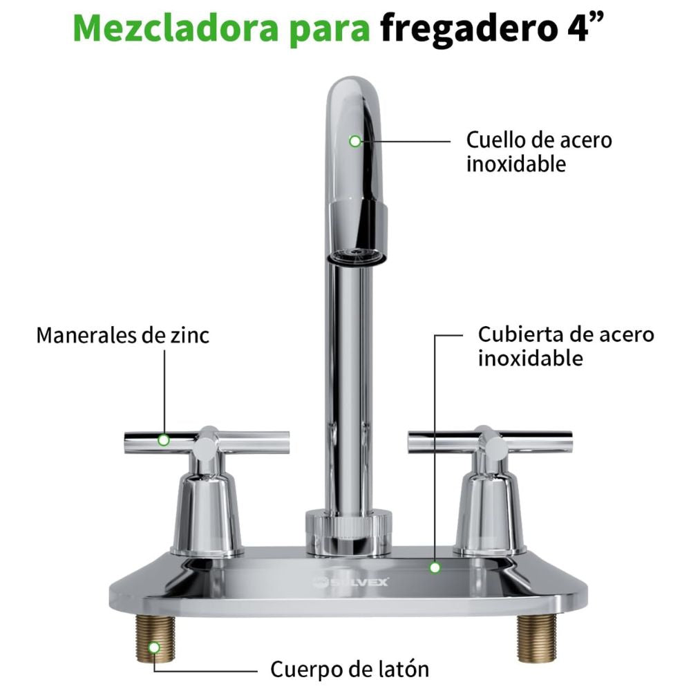 Solvex Smart Grifo Cromado Para Lavamanos Cuello Cisne De 4" Manillas Zinc De Giro Completo