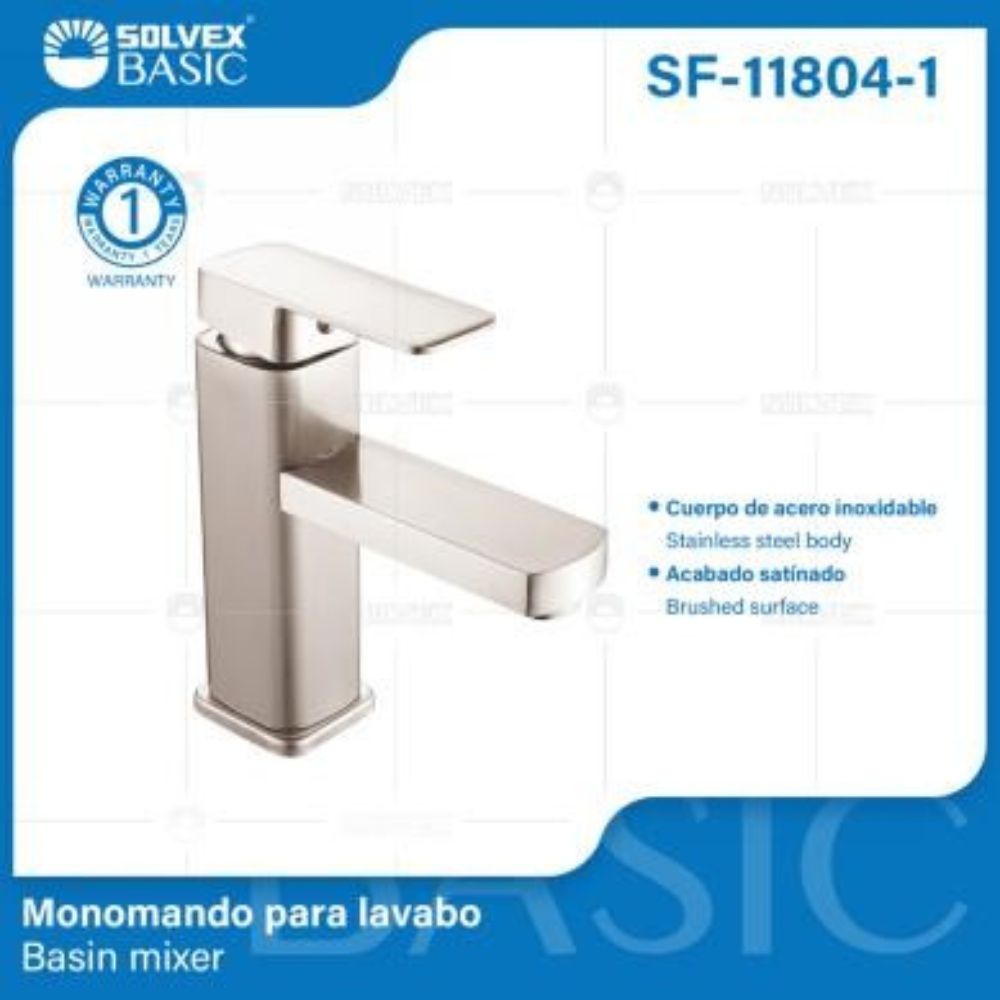 Solvex Basic Grifería Satinada Cuadrada Monomando De Acero Inoxidable Para Lavamanos Mango De Zinc 17cm