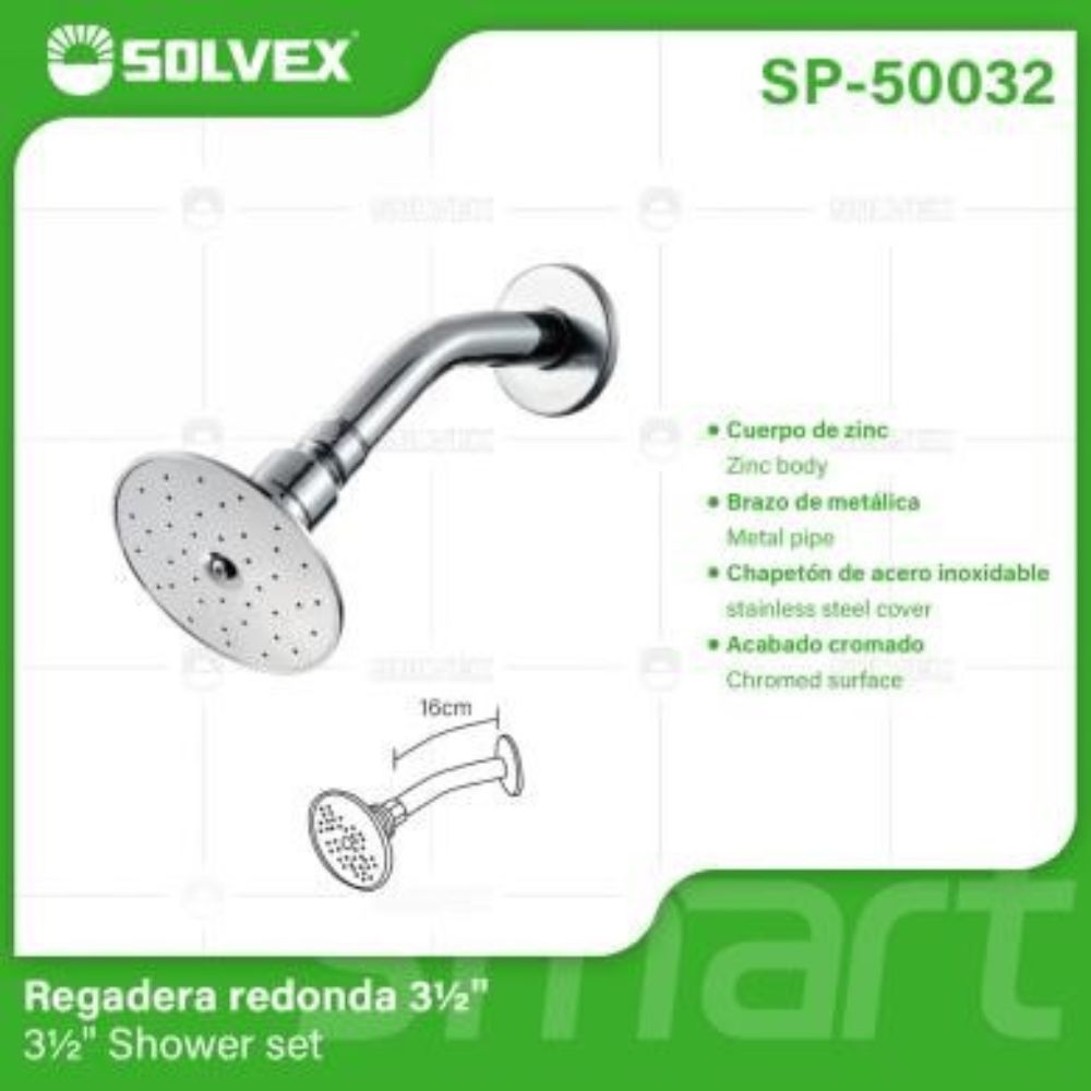 Solvex Juego De Ducha Cromada De Zinc Cabezal Redondo 3½" Con Reductor Removible Ajuste Caudal Brazo De Metal 16cm
