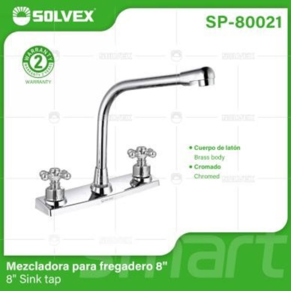 Solvex Smart Grifo Cromado Para Fregadero De Latón De 8" Cuello Recto Manijas Cruz Giro Completo De Zinc