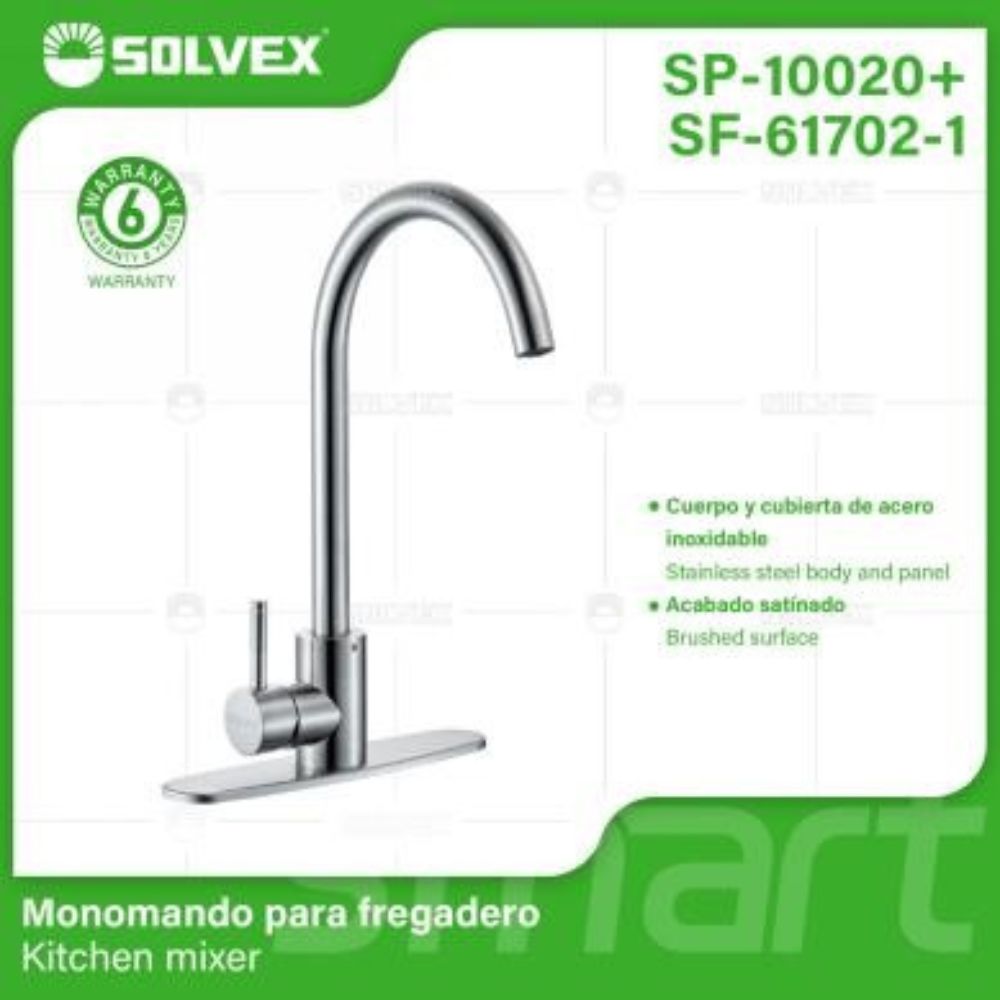 Solvex Smart Grifería Satinada Monomando Para Fregadero Cuello Cisne Con Flange Acero Inoxidable de 10" 39cm