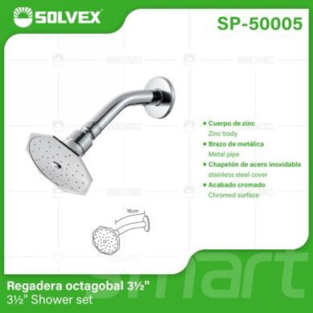 Solvex Juego De Ducha Cromada De Zinc Cabezal Octagonal 3½" Con Flujo Ajustable Brazo De Metal 16cm