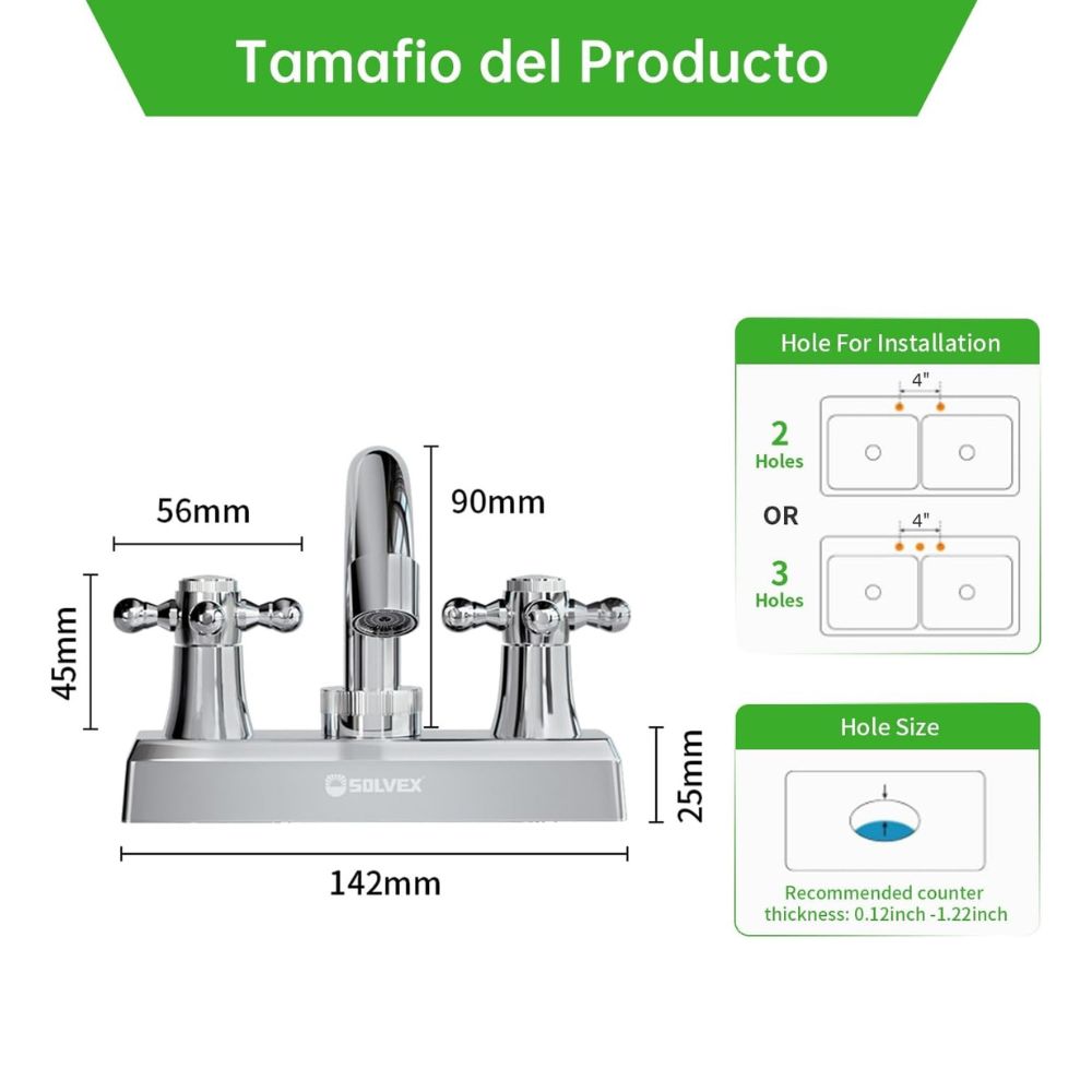 Solvex Smart Grifo Cromado Para Lavamanos De Zinc De 4" Manijas Cruz De Plástico De Giro Completo