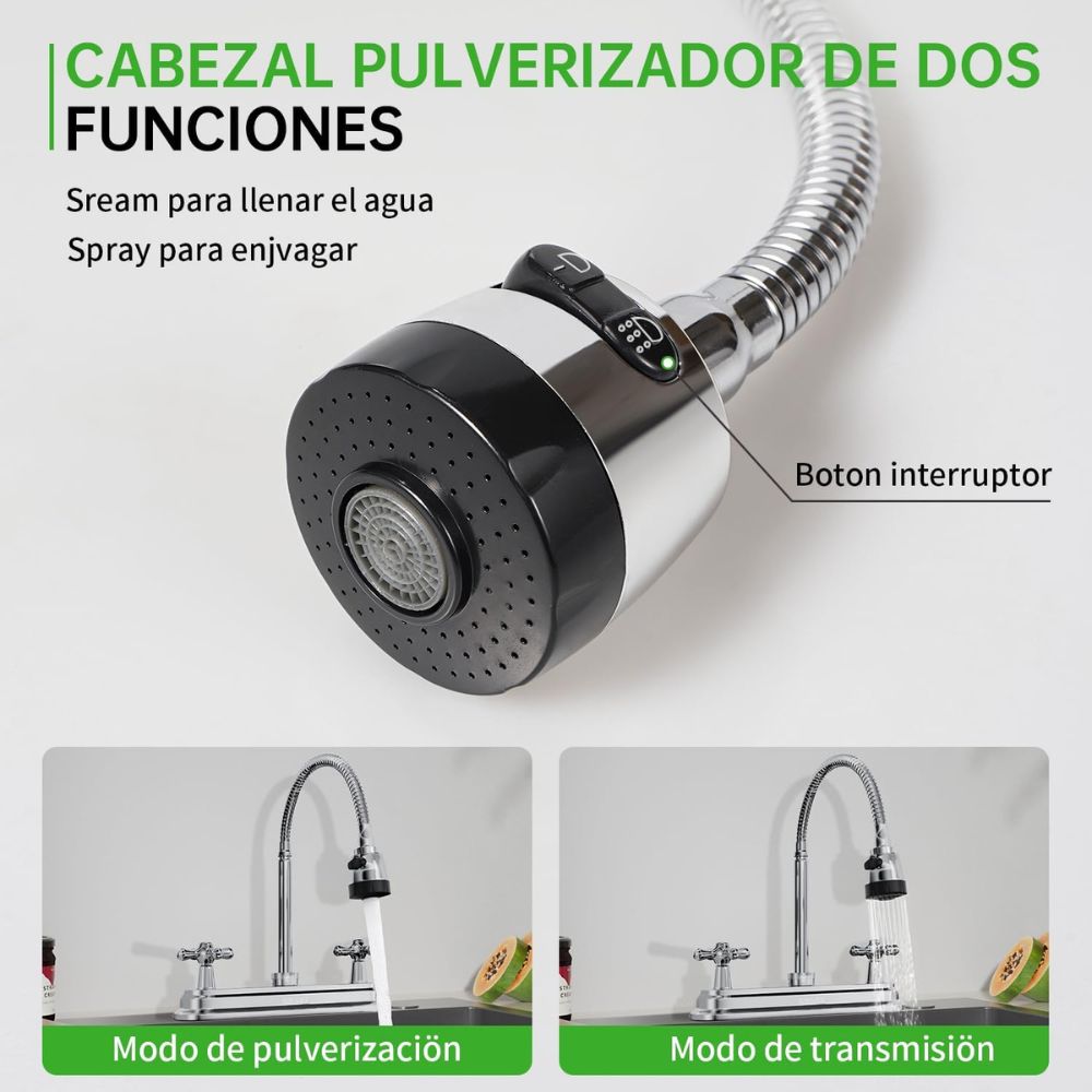 Solvex Smart Grifo Cromado Para Fregadero De Acero Inoxidable Cuello Flexible De 8" 2 Funciones