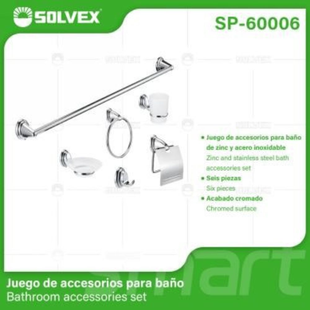 Solvex Smart Juego Cromado De Accesorios De Baño En Zinc y Acero Inoxidable 6 piezas