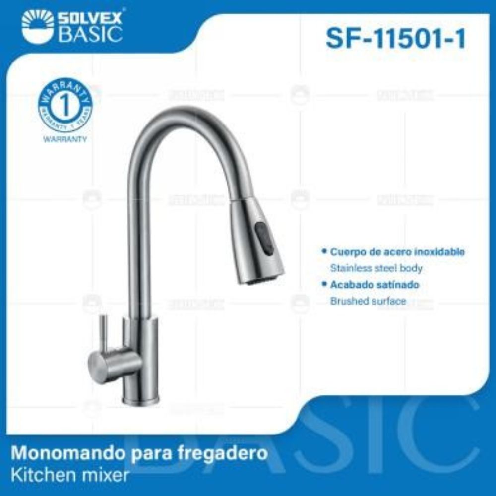 Solvex Basic Grifería Satinada Monomando Acero Inoxidable 2 Funciones Para Fregadero