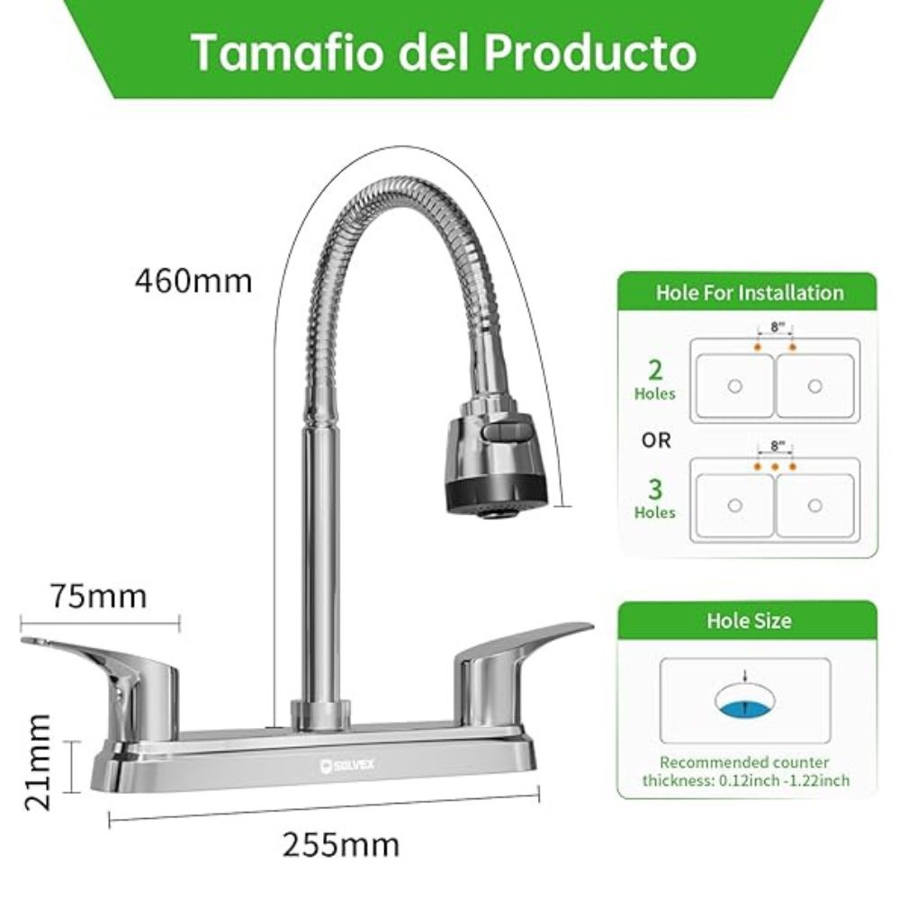 Solvex Smart Grifo Cromado Para Fregadero De Latón De 8" Cuello Flexible 2 Funciones Manijas 1/4 De Vuelta De Plástico