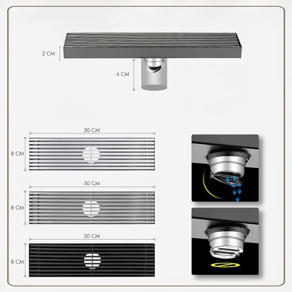 Solvex Smart Desagüe Satinado Para Piso En Acero Inoxidable Antiolor Rectangular De 8x30cm