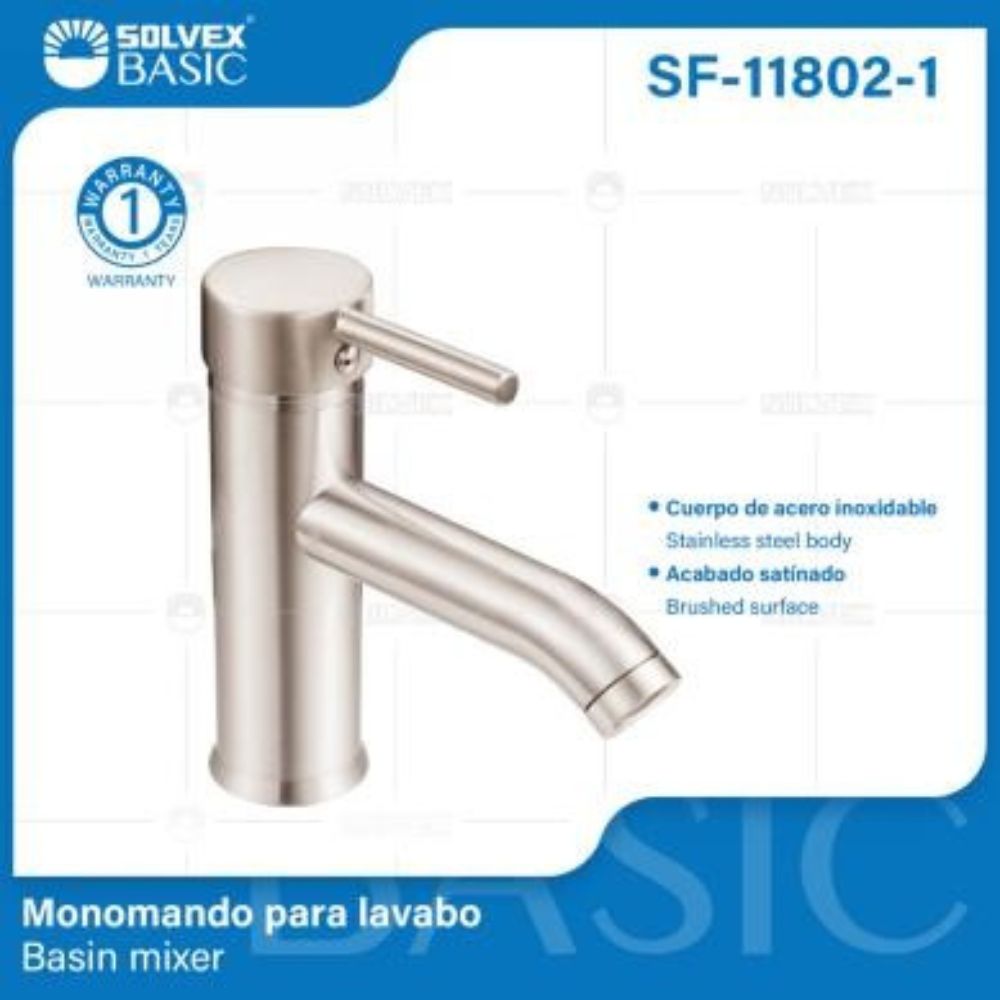 Solvex Basic Grifería Satinada Monomando De Acero Inoxidable Para Lavamanos Mango Tipo Palanca De Zinc 17cm