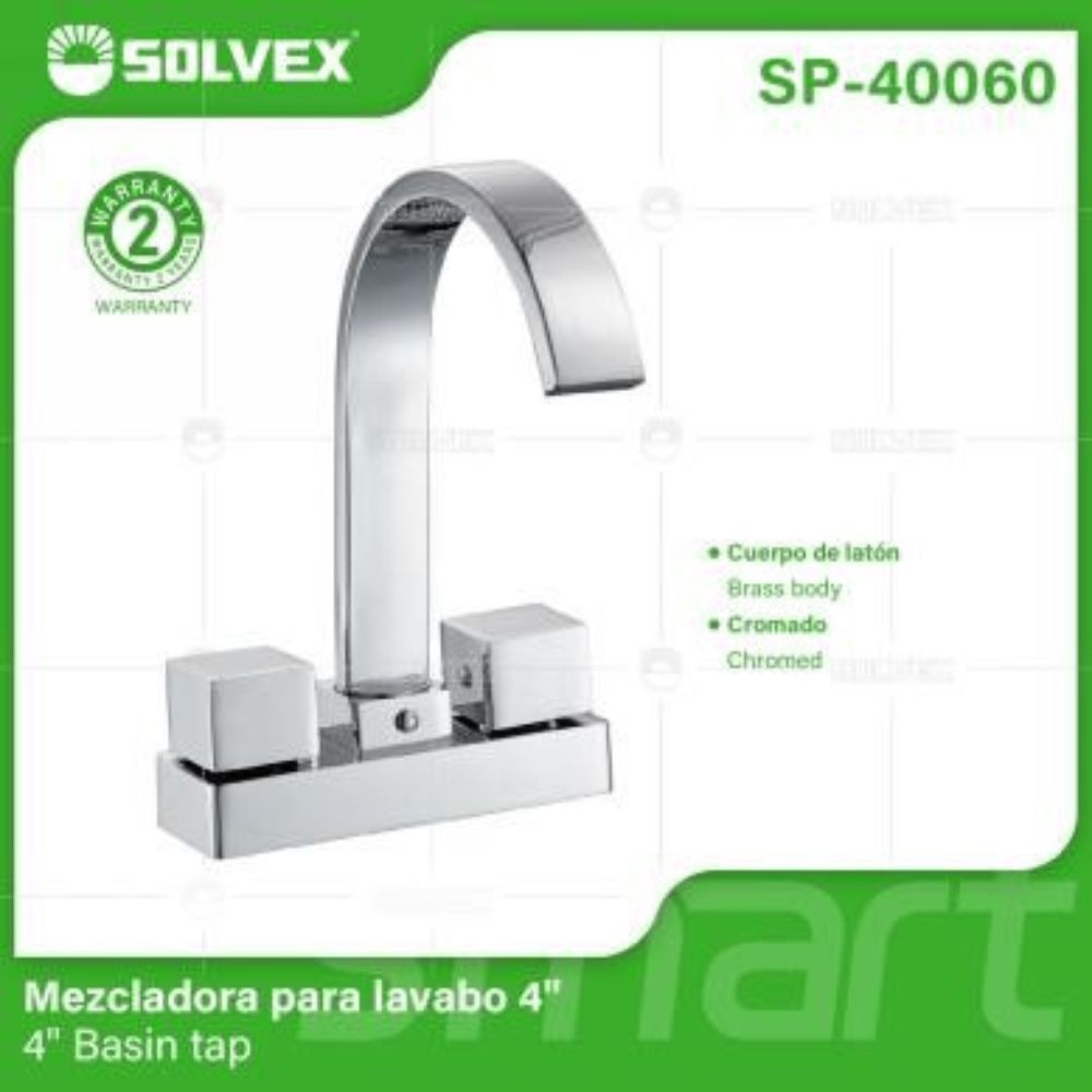 Solvex Smart Grifo Cascada Cromado Para Lavamanos De Latón De 4" Manijas Cuadradas De Zinc De 1/4 De Vuelta