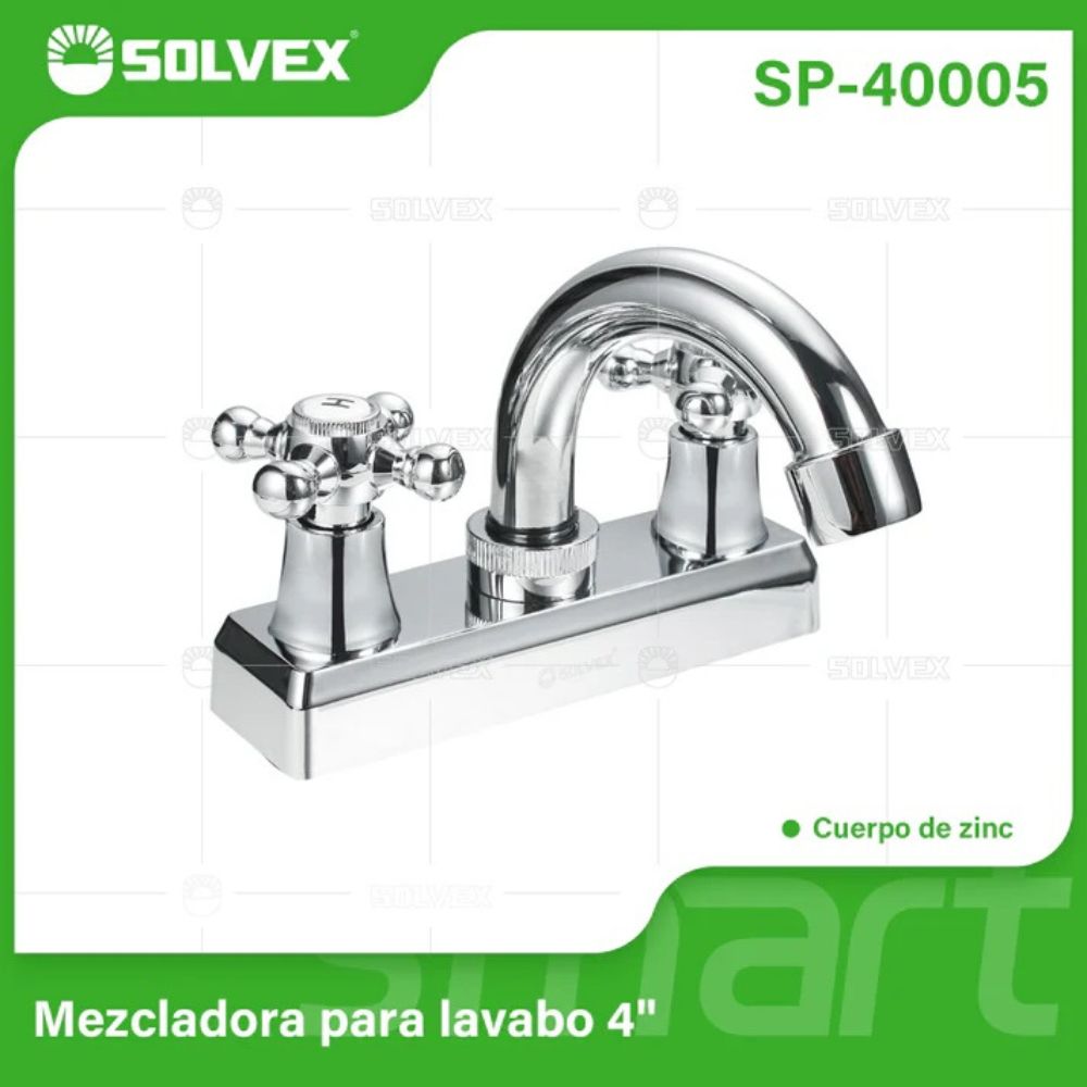 Solvex Smart Grifo Cromado Para Lavamanos De Zinc De 4" Manijas Cruz De Plástico De Giro Completo